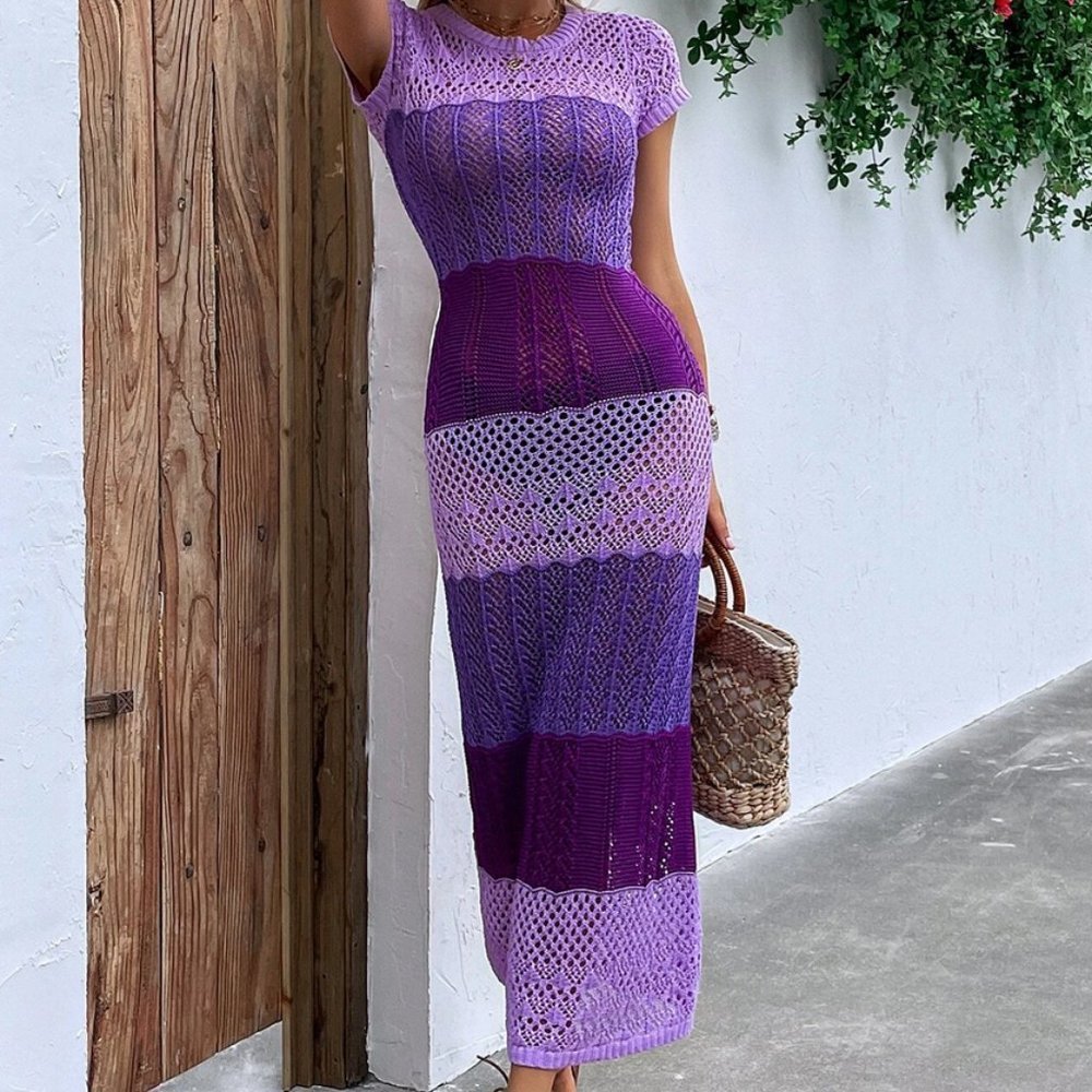 Colorblock Purple Womens Striped Pointelle Knit Cover Up Dress - Picture 6 of 6